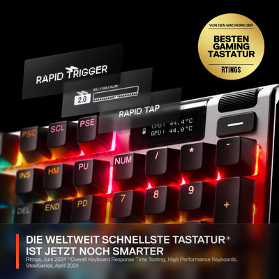 SteelSeries Apex Pro Gen 3 - HyperMagnetic Gaming-Tastatur - OmniPoint 3.0 Switches - anpassbares Ansprechverhalten - Rapid Trigger - Rapid Tap/SOCD - OLED - RGB - PBT-Keycaps - DE Layout QWERTZ