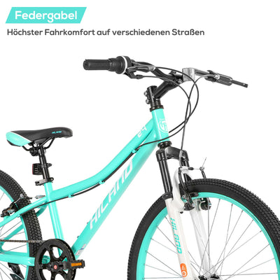 HILAND Climber 24 Zoll Kinderfahrrad, 7 Gang V-Bremse Kinder Mountainbike, Jugend MTB mit Federgabel, Mountainbike für Jungen Mädchen Mintgrün