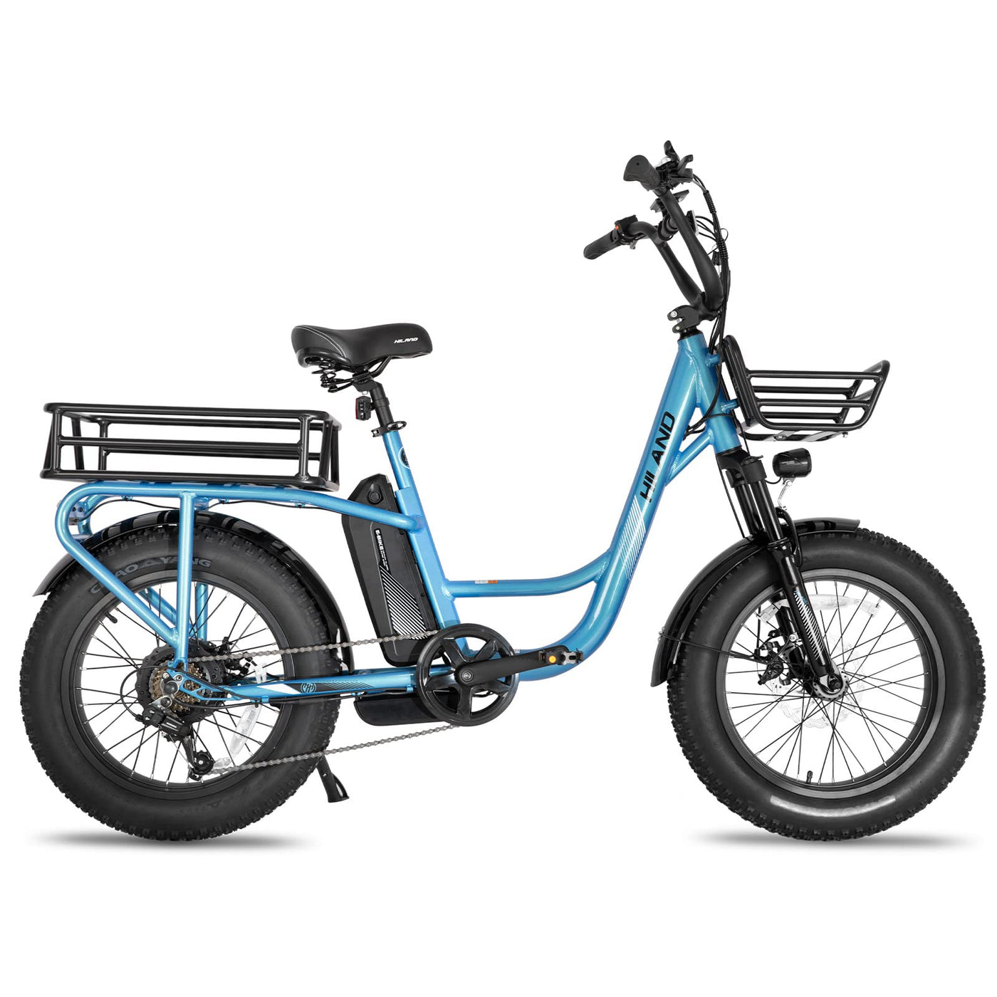 HILAND 20 Zoll Fat Tire Cargo E-Bike für Erwachsene, Leichter Aluminiumrahmen Elektrofahrrad, Shimano 7 Gänge mit Federgabel Ebike Blau