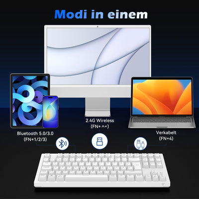 TECURS Mechanische Tastatur - Gaming Tastatur Kabellos Programmierbare 80% TKL QWERTZ mit Rote Schalter, RGB-Beleuchtung, Multimedia-Tasten, Mechanical Keyboard für PC/PS4/PS5, Weiß