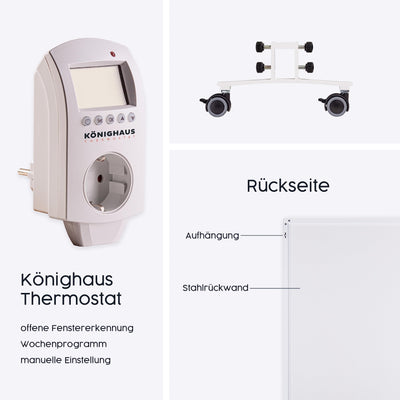 Könighaus Infrarotheizung Standgerät - 1200 Watt - Energiesparend = wärmt innerhalb von 2 Minuten - Elektroheizung mit Standfüßen & Thermostat - mobile Standheizung mit Rollen - Deutscher Hersteller