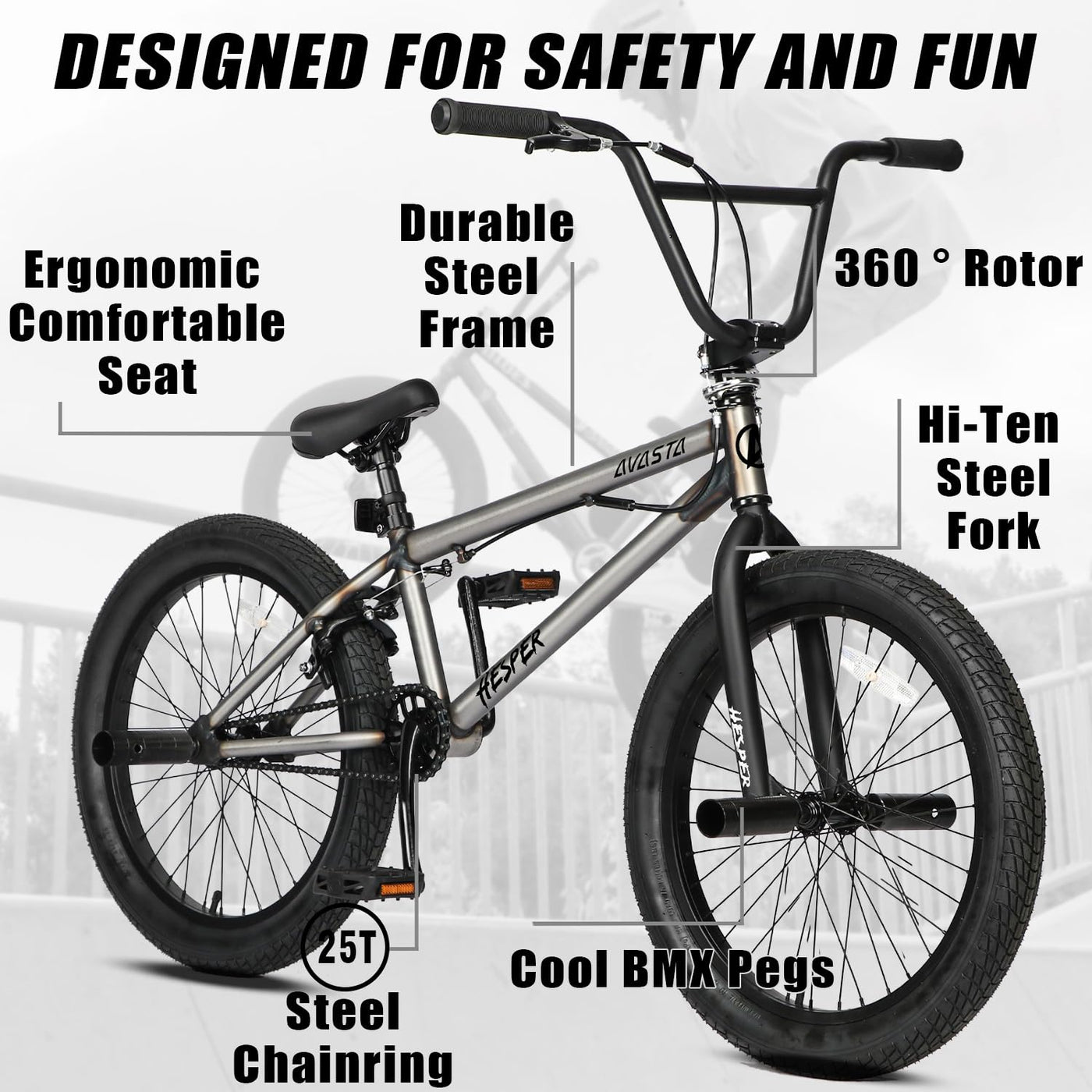 AVASTA Hesper 20 Zoll Kinderfahrrad Freestyle BMX mit 4 Pegs Fahrräder für 6-14 Jahre alte Jungen und Anfänger,Grau
