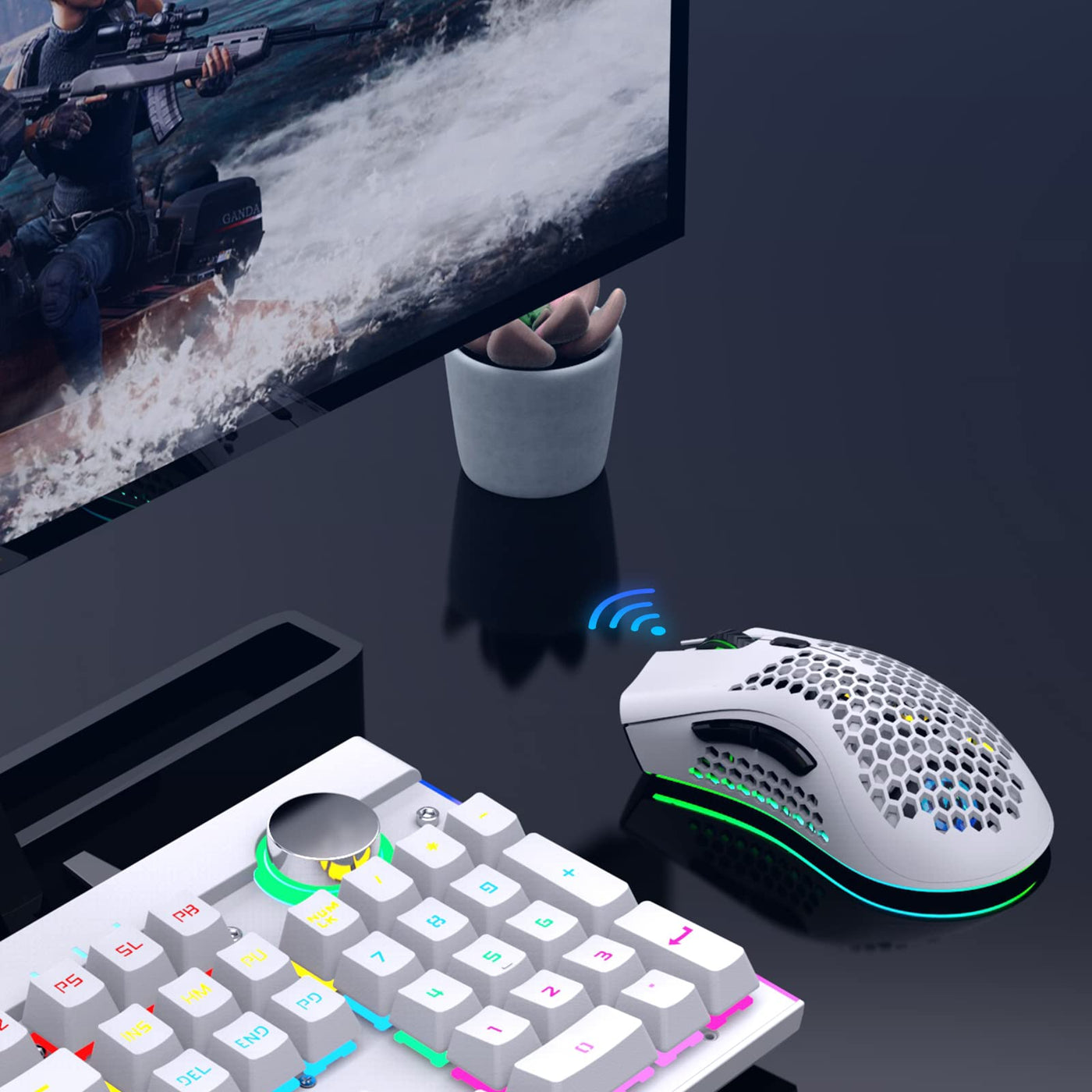JYCSTE Bluetooth Gaming Maus, Light Honeycomb Maus mit RGB Hintergrundbeleuchtung, einstellbare DPI, Bluetooth 2.4G Wireless Rechargeable Ergonomic Optical Sensor Mouse (Dual Mode-White)