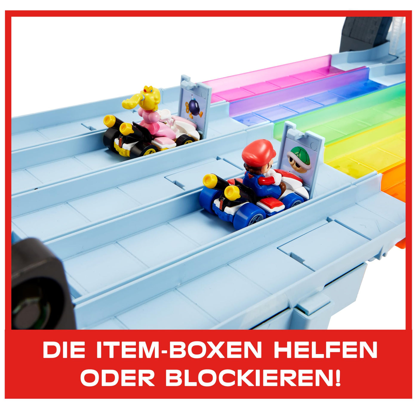 Hot Wheels Mario Kart Autorennbahn in Regenbogen Farben, inkl. 2 Spielzeugautos (Mario & King Boo), mit Beleuchtung und Geräuschen, 2 Aufbaumöglichkeiten, Länge: 2.5m, Spielzeug ab 4 Jahre, GXX41