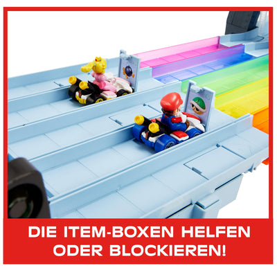 Hot Wheels Mario Kart Autorennbahn in Regenbogen Farben, inkl. 2 Spielzeugautos (Mario & King Boo), mit Beleuchtung und Geräuschen, 2 Aufbaumöglichkeiten, Länge: 2.5m, Spielzeug ab 4 Jahre, GXX41