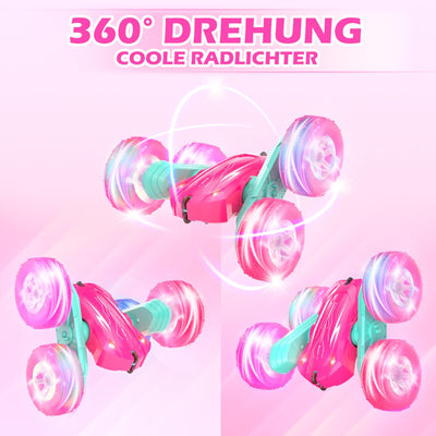 Rodzon Ferngesteuertes Auto Crawler 3 4 5 6 7 8 9+ Jahre Mädchen Spiele RC Auto mit LED Blinken Spielzeug Mädchen Geschenke Kinder Toy 2.4Ghz 4WD 360° Flip RC Car mit 2 Aufladbarer Batterien (Rosa)