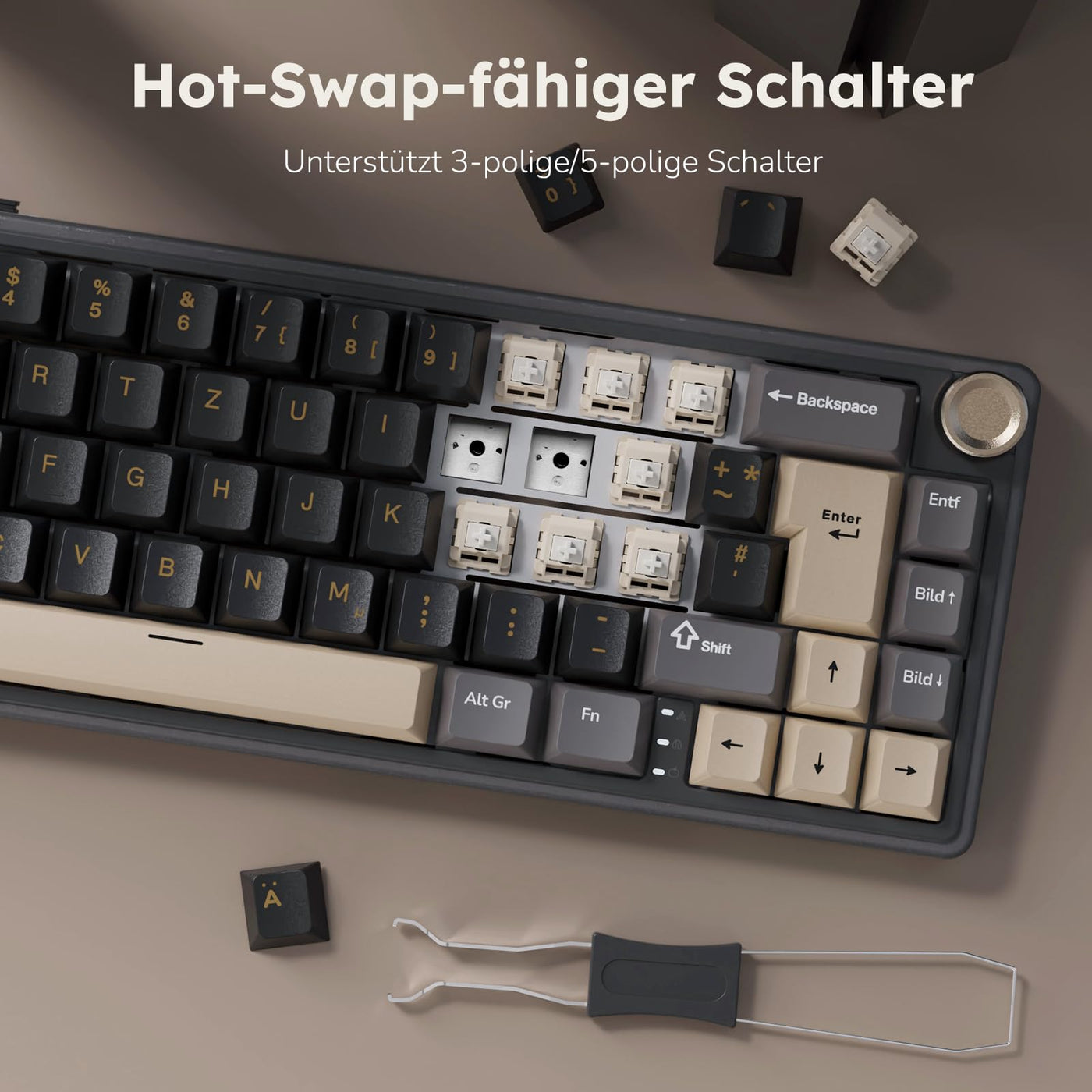 RK ROYAL KLUDGE R65 Mechanische Tastatur Kabellos, 60% Prozent Gaming Tastatur QWERTZ Gasket RGB mit Knopf und PBT Tastenkappen, Bluetooth/2.4G/USB-C QMK/VIA, Hot Swap Linearer Creamy Switches