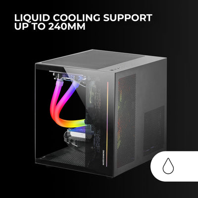 Mars Gaming MC-View Schwarz, Micro-ATX Mini Gaming Tower Gehäuse, 90° Gehärtetes Glas ohne Rahmen, Modulares Doppelkammer-Design, Volle Unterstützung für Flüssigkeitskühlung