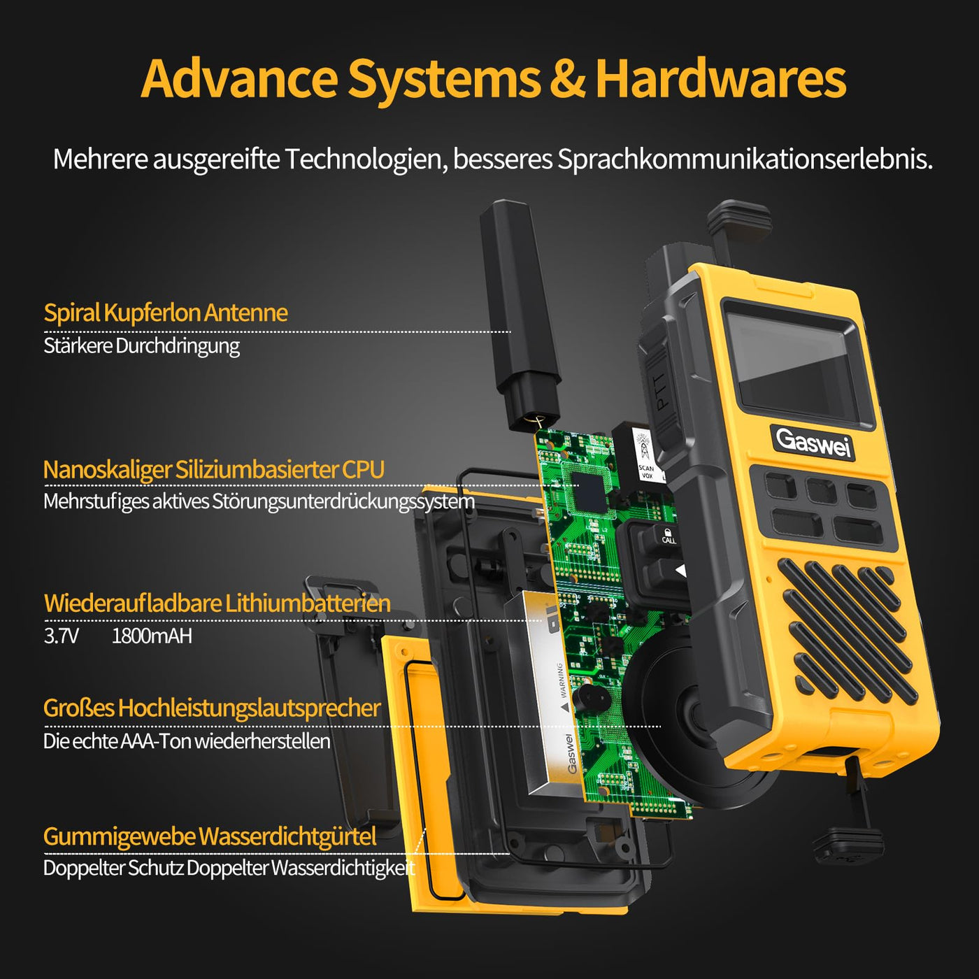 Gaswei G1pro Hochleistungs- Walkie Talkies mit großer Reichweite für Erwachsene, wiederaufladbare Notfallfunkgeräte, 16-Kanal-Walkie-Talkie mit Lithium-Ionen-Akku, IP67 wasserdicht (2 Stück)