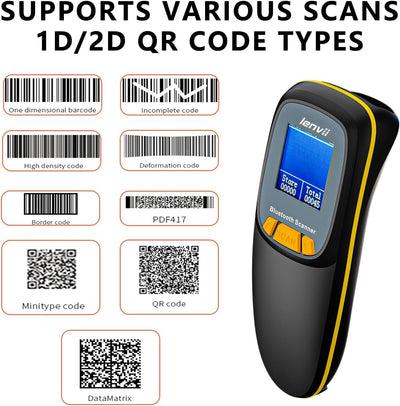 LENVII Mini Wireless Barcode Scanner Bluetooth 3-in-1 Portable Barcode Reader kabellos 1D/2D/QR Code Scanner mit Display Barcode Leser Win/Android/iOS für Geschäft, Supermarkt, Lager(Schwarz)