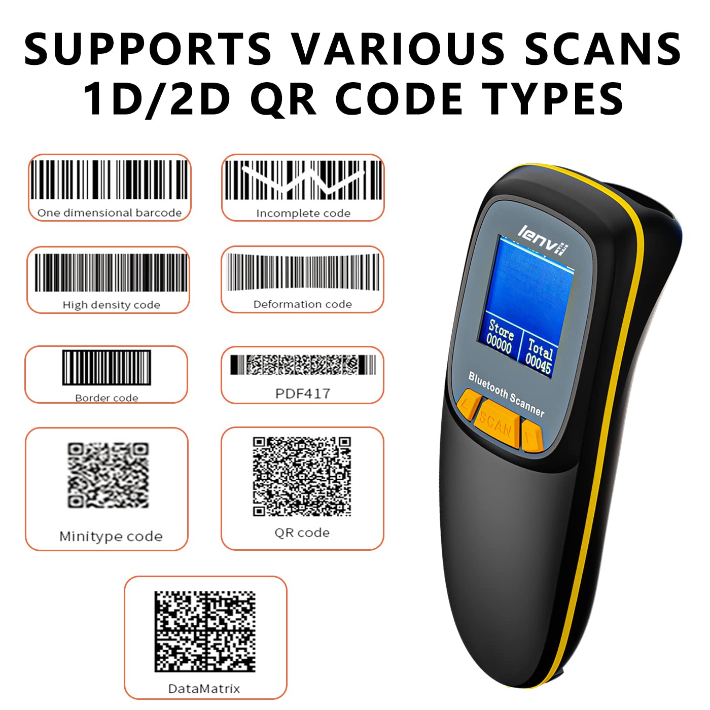 LENVII Mini Wireless Barcode Scanner Bluetooth 3-in-1 Portable Barcode Reader kabellos 1D/2D/QR Code Scanner mit Display Barcode Leser Win/Android/iOS für Geschäft, Supermarkt, Lager(Schwarz)