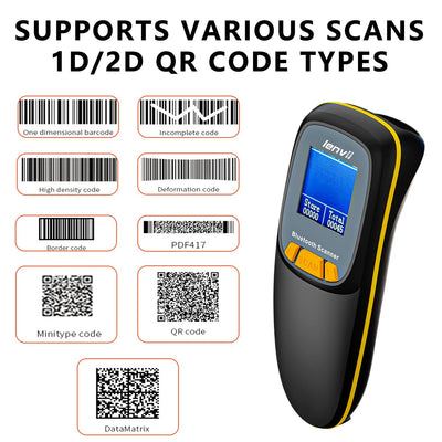 LENVII Mini Wireless Barcode Scanner Bluetooth 3-in-1 Portable Barcode Reader kabellos 1D/2D/QR Code Scanner mit Display Barcode Leser Win/Android/iOS für Geschäft, Supermarkt, Lager(Schwarz)