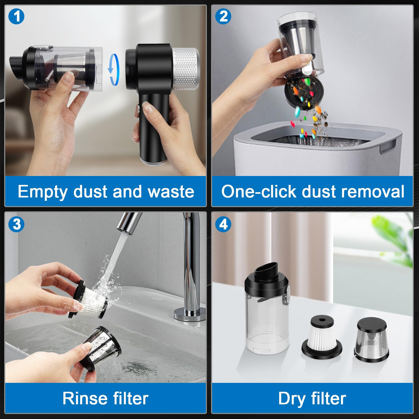 Suprbee Mini Autostaubsauger, 15000PA 4 in 1 Akku Staubsauger & Staubabsauger & Luftgebläse & Handpumpe, Tragbarer Nass und Trockenhandstaubsauger für Auto, Haus, Küche, Tierhaare