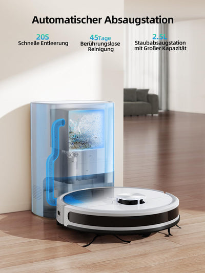 Staubsauger Roboter mit Wischfunktion, HONITURE Q6 SE Saugroboter, 3500Pa Saugroboter mit gespeicherten Karten, ideal für Tierhaare, Teppiche und Hartböden, Laufzeit 200 Minuten (mit 2,5L Saugstation)