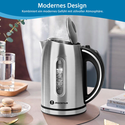 Aigostar King - Wasserkocher Edelstahl 1,7 liter, Elektrischer Wasserkocher mit Kalkfilter, LED Beleuchtung Wasserstandsanzeige, 2200 Watt, Verdecktes Heizelement, Abschaltautomatik, BPA frei