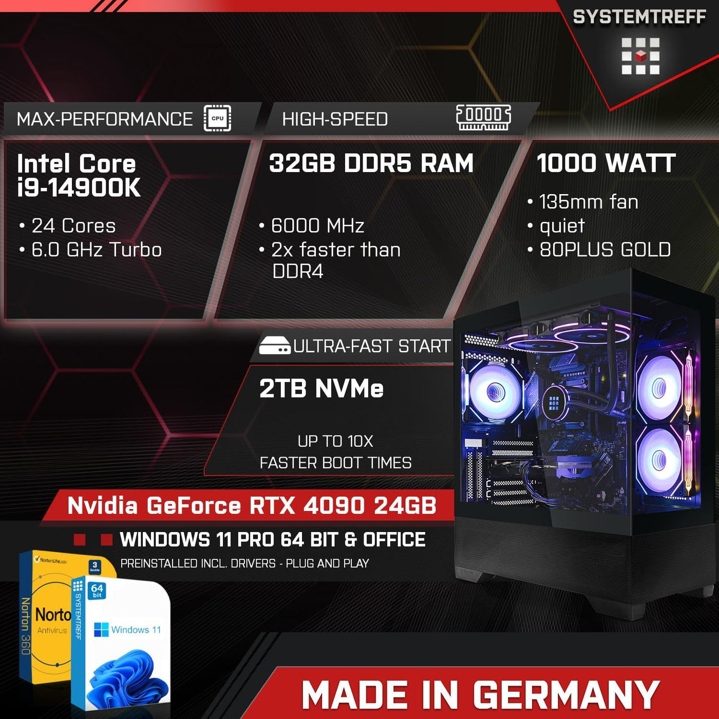 SYSTEMTREFF High-End Gaming PC Intel Core i9-14900K 24x6GHz | Nvidia GeForce RTX 4090 24GB DX12 | 2TB M.2 NVMe | 32GB DDR5 RAM | WLAN Desktop Computer Rechner für Gamer, Zocker & Streamer