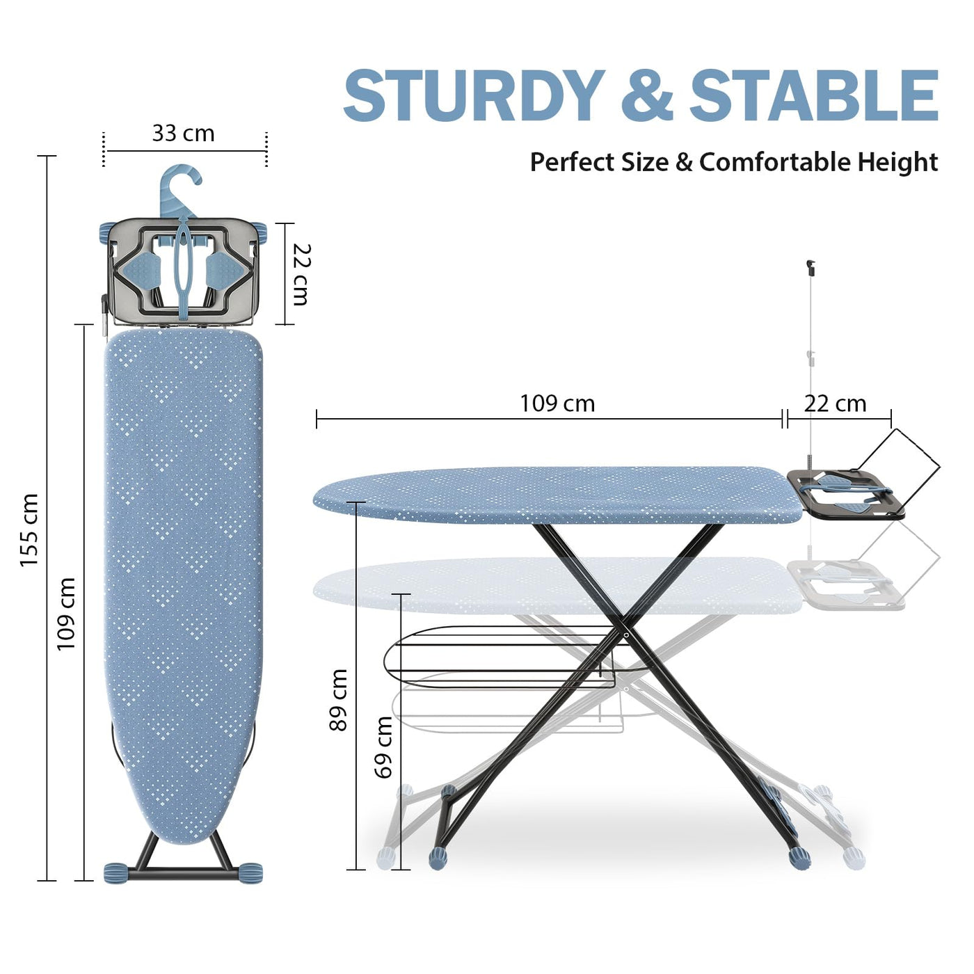 KINGRACK Bügelbrett, Bügelbretter mit Aufbewahrungshaken, Extra Dicker, Hitzebeständiger Bezug, 7 Höhenverstellbar, Bügeltisch mit Antirutschfüßen Schwerlast, Blau