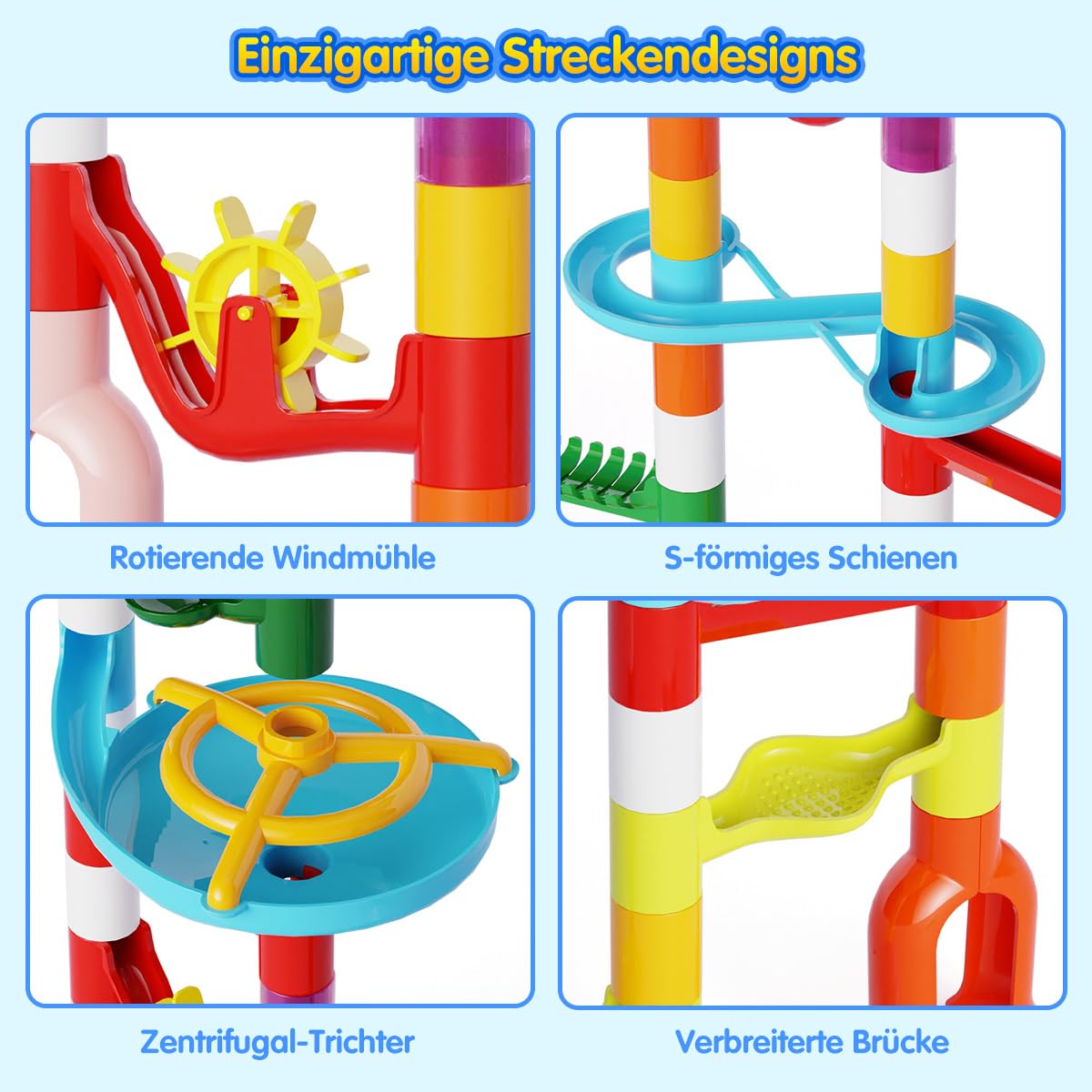 Murmelbahn Kinderspiel - 110PCS Mehrfarbige Kugelbahn Marble Run Set mit Spannende Bahnelementen und Glasmurmeln, kinderspiel Geschenk für Kinder Mädchen Jungen 3-12 Jahren