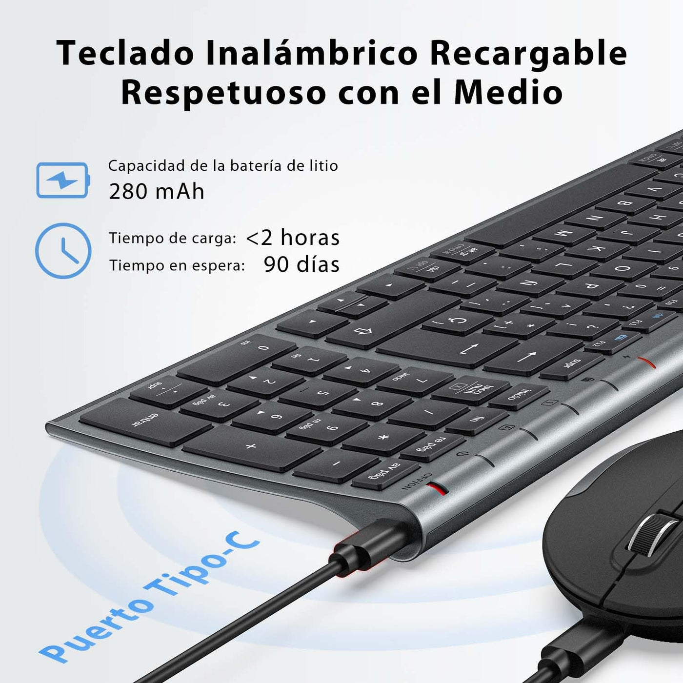 iClever Teclado y Ratón Inalámbrico GK03-QWERTY Español 2.4G Teclado Ratón Inalámbrico Con Batería Recargable, Diseño Ergonómico, Tamaño Compacto, Delgado y Fino, Conexión Estable