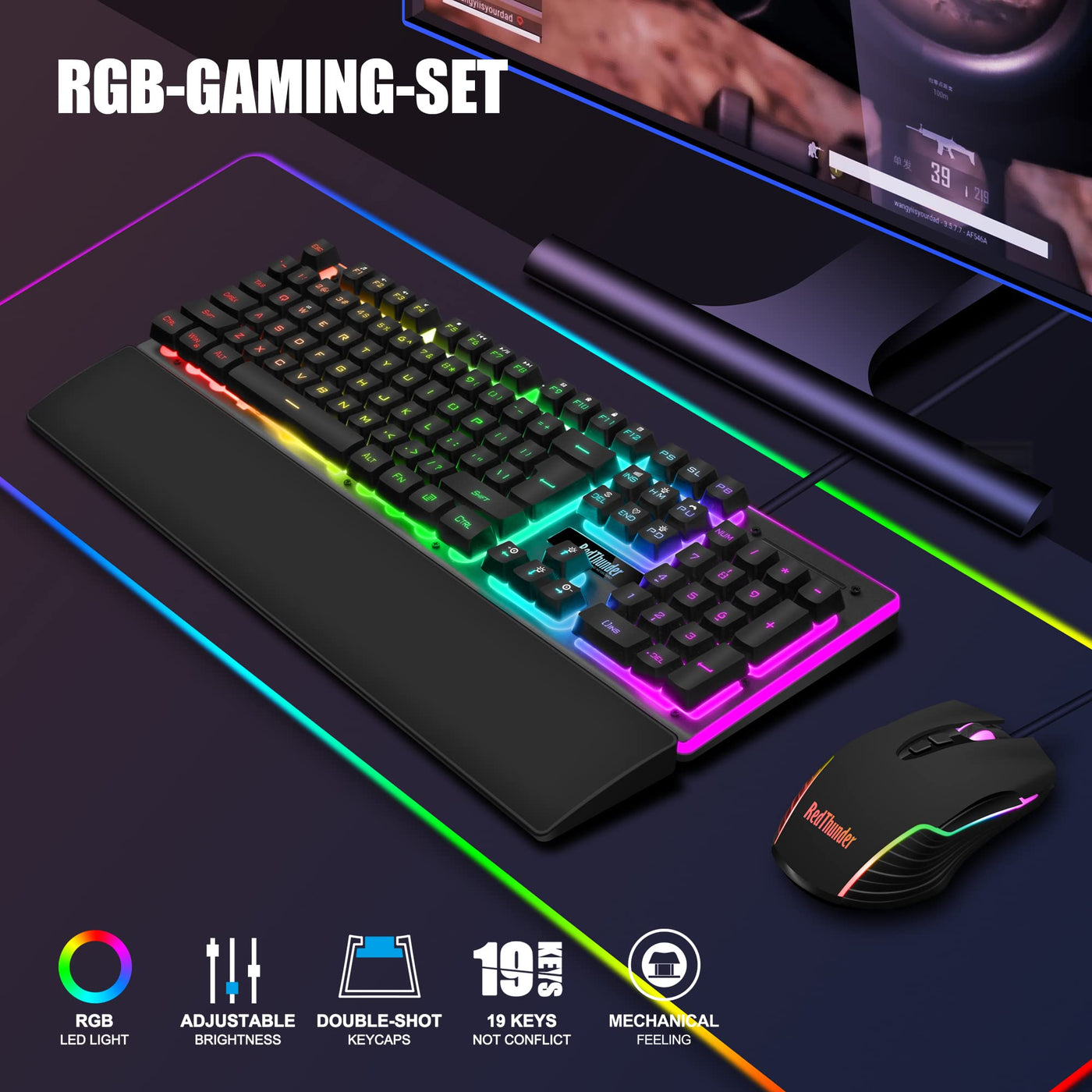 RedThunder K10 Gaming Tastatur und Maus Set, QWERTZ DE-Layout, Metallplatte und Handballenauflager,RGB-Hintergrundbeleuchtung und 7D mit Ergonomische für PC Gamer(Schwarz)
