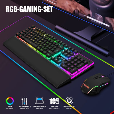 RedThunder K10 Gaming Tastatur und Maus Set, QWERTZ DE-Layout, Metallplatte und Handballenauflager,RGB-Hintergrundbeleuchtung und 7D mit Ergonomische für PC Gamer(Schwarz)