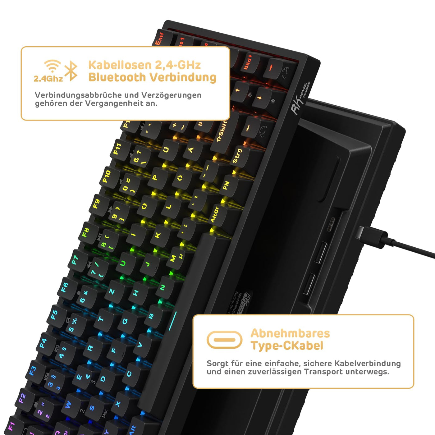 RK ROYAL KLUDGE RK84-DE 75% Gaming-Tastatur, 85 Tasten TKL , Bluetooth Mechanische , Rote Schalter, RGB Hintergrundbeleuchtung, 2.4Ghz für Mac & Windows, Schwarz