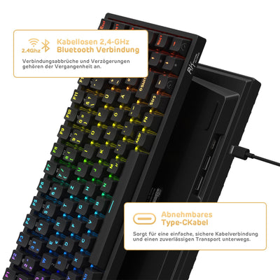 RK ROYAL KLUDGE RK84-DE 75% Gaming-Tastatur, 85 Tasten TKL , Bluetooth Mechanische , Rote Schalter, RGB Hintergrundbeleuchtung, 2.4Ghz für Mac & Windows, Schwarz