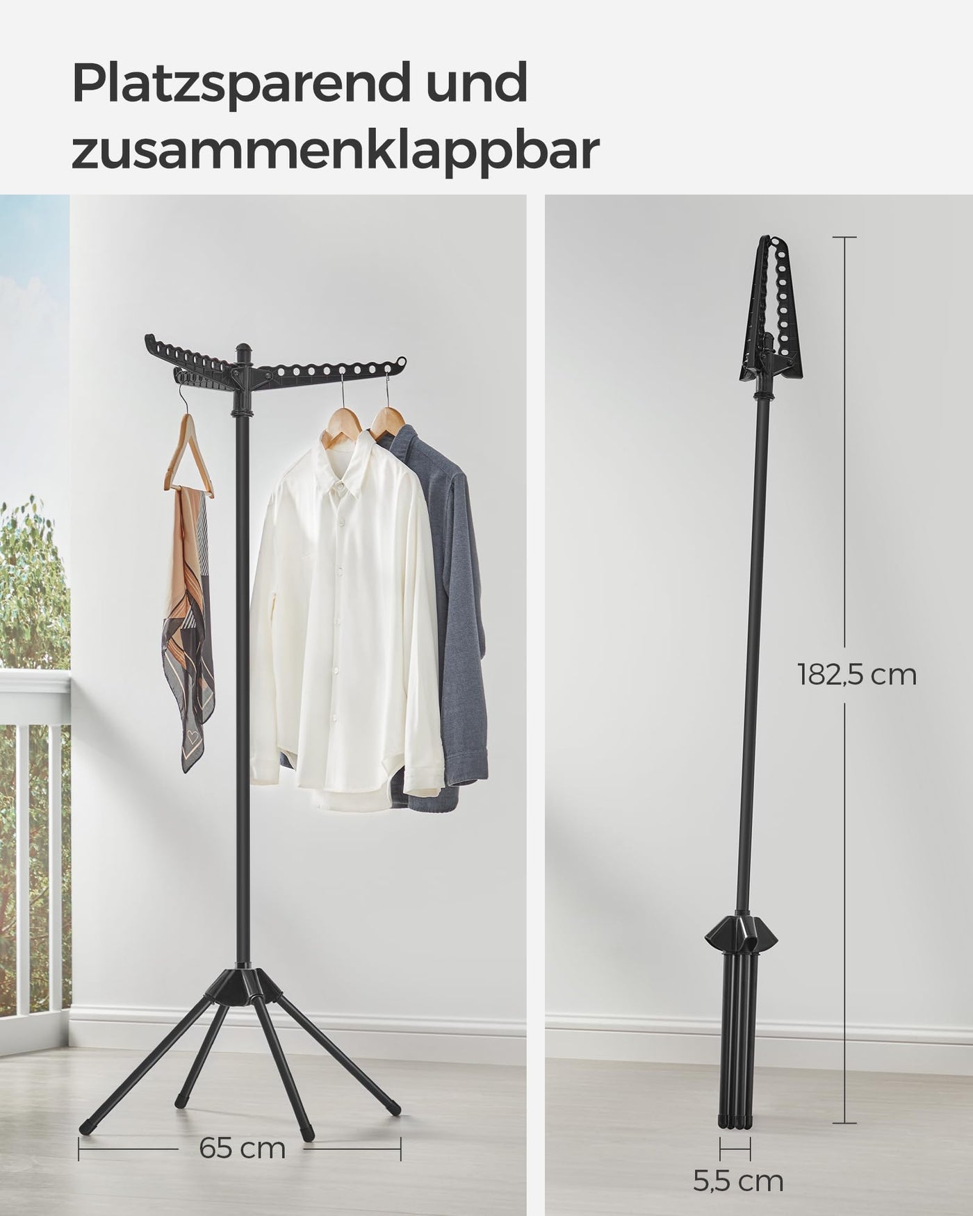 SONGMICS Wäscheständer, Standtrockner, 3 drehbare Armen für Kleiderbügel, Wäschespinne, 4 Beine, für Innenbereich, Edelstahl, für bis zu 27 Kleidungsstücke, 150 cm hoch, schwarz LLR510B01