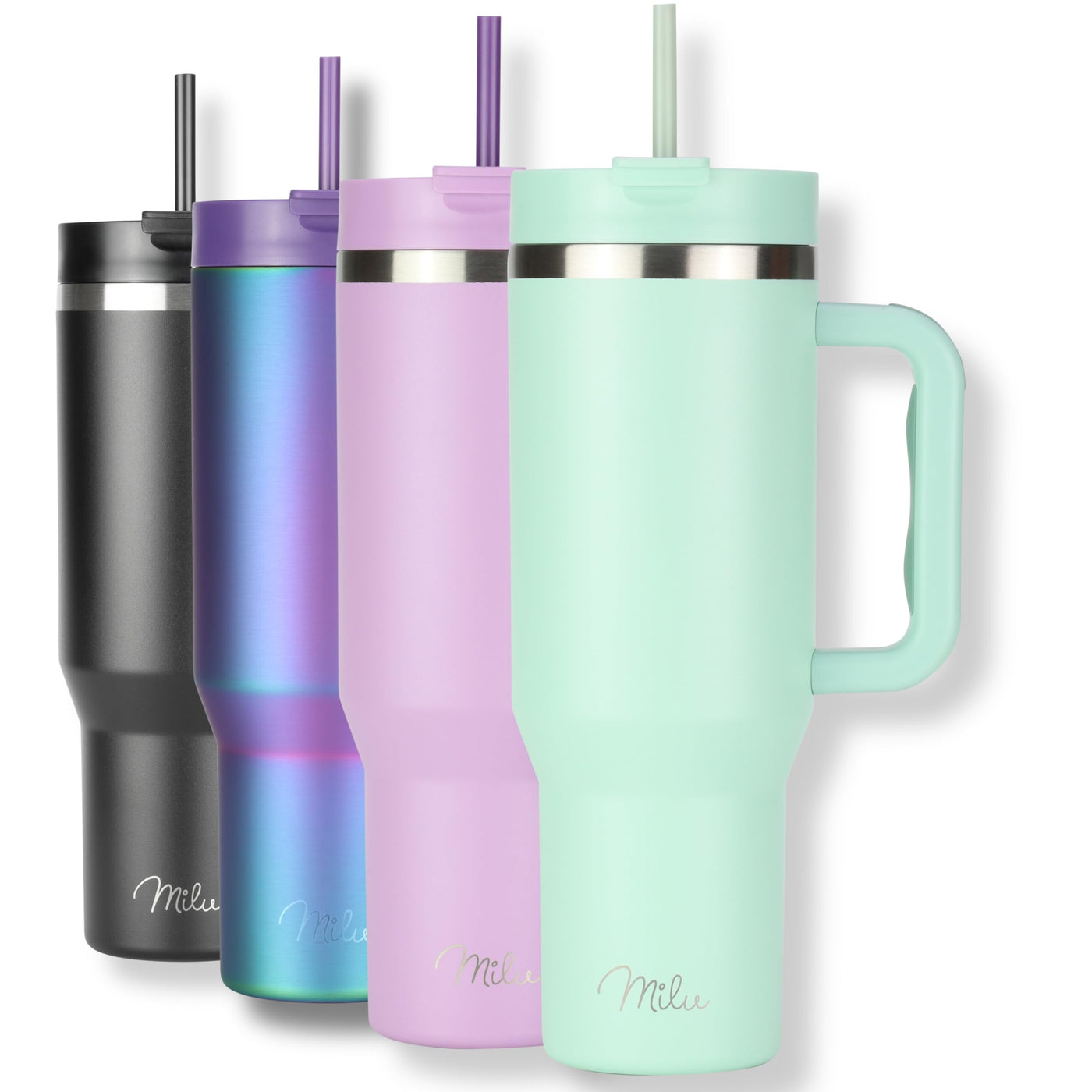 Milu Thermobecher 1200ml mit Strohhalm & Henkel, 24h Eisgekühlt / 12h heiß Edelstahl Tumbler 40oz mit Griff, Isolierbecher to go, Trinkflasche doppelwandig isoliert (Mellow Mint, 1200ml)