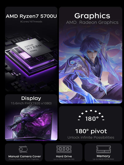 ACEMAGIC Gaming Laptop Computer - 2025 Neueste 15.6 Zoll FHD Display Laptop mit Ryzen 7 5700U Prozessor bis zu 4.3GHz, 16GB Ram DDR4 512GB NVMe PCIe 3.0 SSD Gaming Notebook, Leichtgewicht