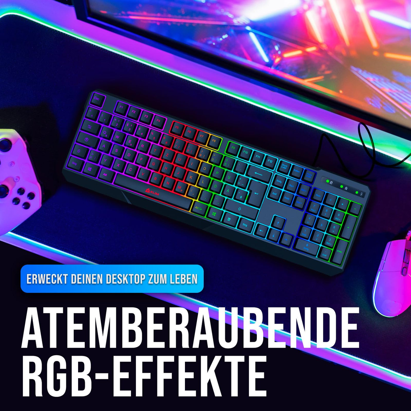KLIM Chroma Gaming Tastatur QWERTZ DEUTSCH mit Kabel USB - NEU - Langlebig, Ergonomisch, Wasserdicht, Leise Tasten - RGB Gamer Tastatur für PC Mac Xbox One X PS4 Tastatur - Schwarz