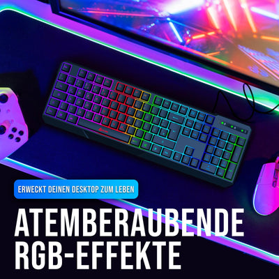 KLIM Chroma Gaming Tastatur QWERTZ DEUTSCH mit Kabel USB - NEU - Langlebig, Ergonomisch, Wasserdicht, Leise Tasten - RGB Gamer Tastatur für PC Mac Xbox One X PS4 Tastatur - Schwarz