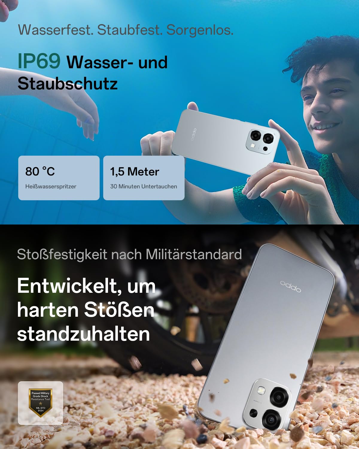 OPPO A6 Pro 5G 8+256GB, KI-Android-Smartphone (freigeschaltet), 6,57-Zoll 120Hz AMOLED-Display, 50+16-MP-KI-Kamera, 6500-mAh-Akku, IP69, Lunar Titanium (inkl. 80-W-SUPERVOOC-Ladegerät & Kopfhörer)