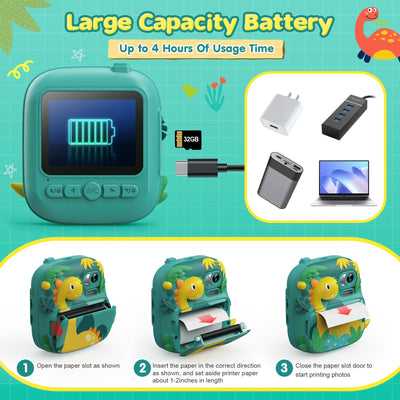 Kinderkamera Sofortbildkamera, CAMCLID 2,4 Zoll Digitalkamera Kinder Dinosaurier Sofortbildkamera mit 32G Karte und 3 Rollen Druckpapier, Geschenke für Jungen und Mädchen 3-12 Jahre