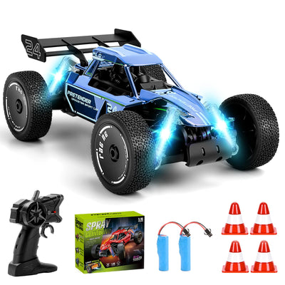 BuzzoXerex 1:18 Ferngesteuertes Auto, 2.4GHz RC Offroad Auto, 2WD 15KM/H RC Buggy mit Sprühfunktion LED-Leuchten, 60 Min Spielzeit, Spielzeugauto Geschenk für Kinder ab 6 7 8 Jahre (Blau)