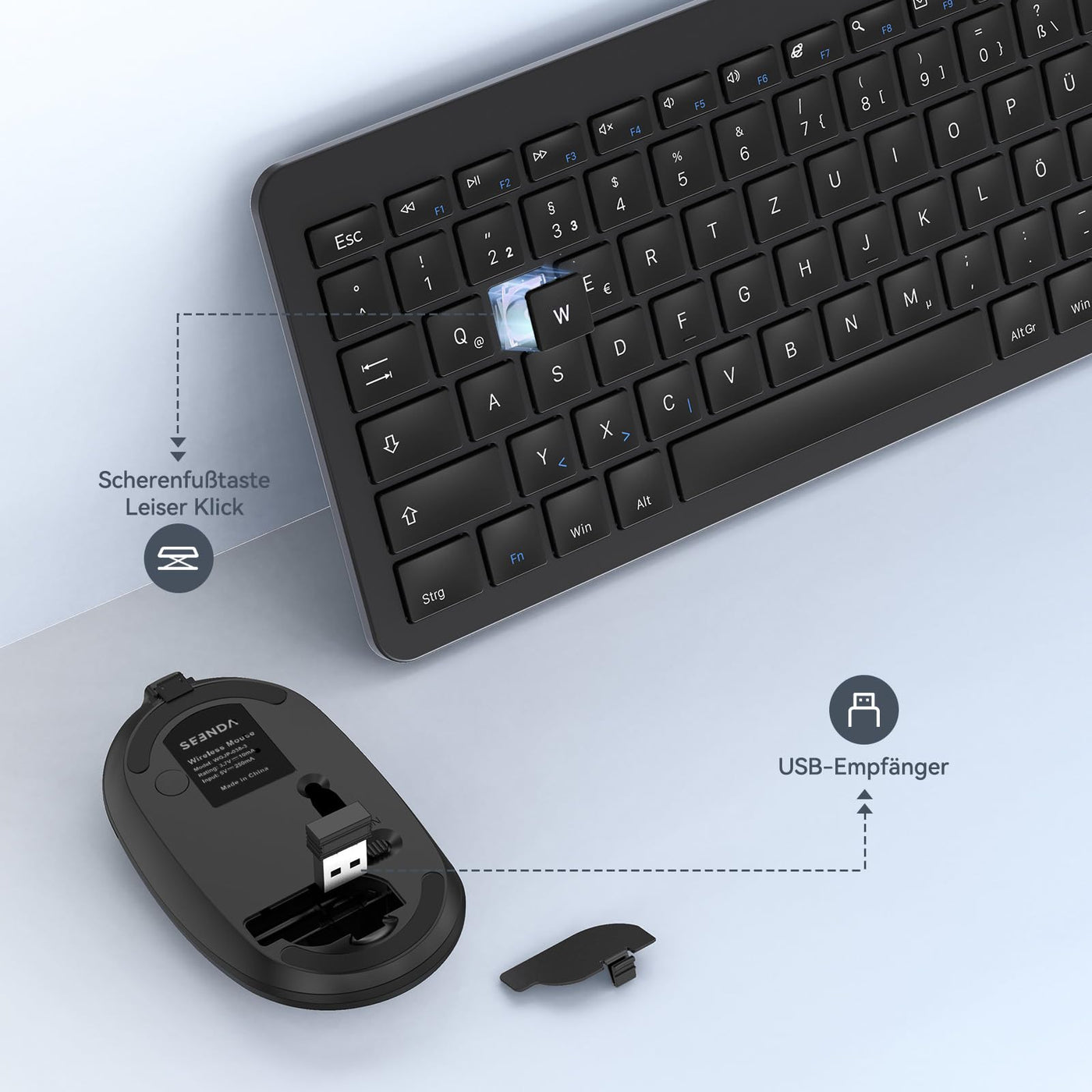 Tastatur Maus Set Kabellos, seenda Ultra-Dünne Wiederaufladbare Funk Tastatur Maus Set, Ergonomische Tastatur Kabellos mit Silikon Staubschutz für PC/Laptop/Smart TV, DE QWERTZ Layout, Schwarz