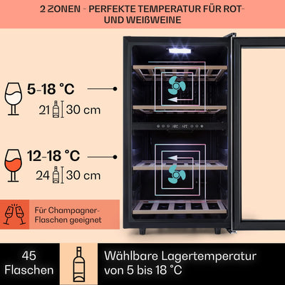Klarstein Weinkühlschrank, Getränkekühlschrank Schmal, Kühlschrank mit Glastür, Getränkekühlschränke Freistehend, Weinkühlschrank Klein, Weinkühlschränke 2 Zonen, UV-Schutz, 5-18 °C, 45 Flaschen