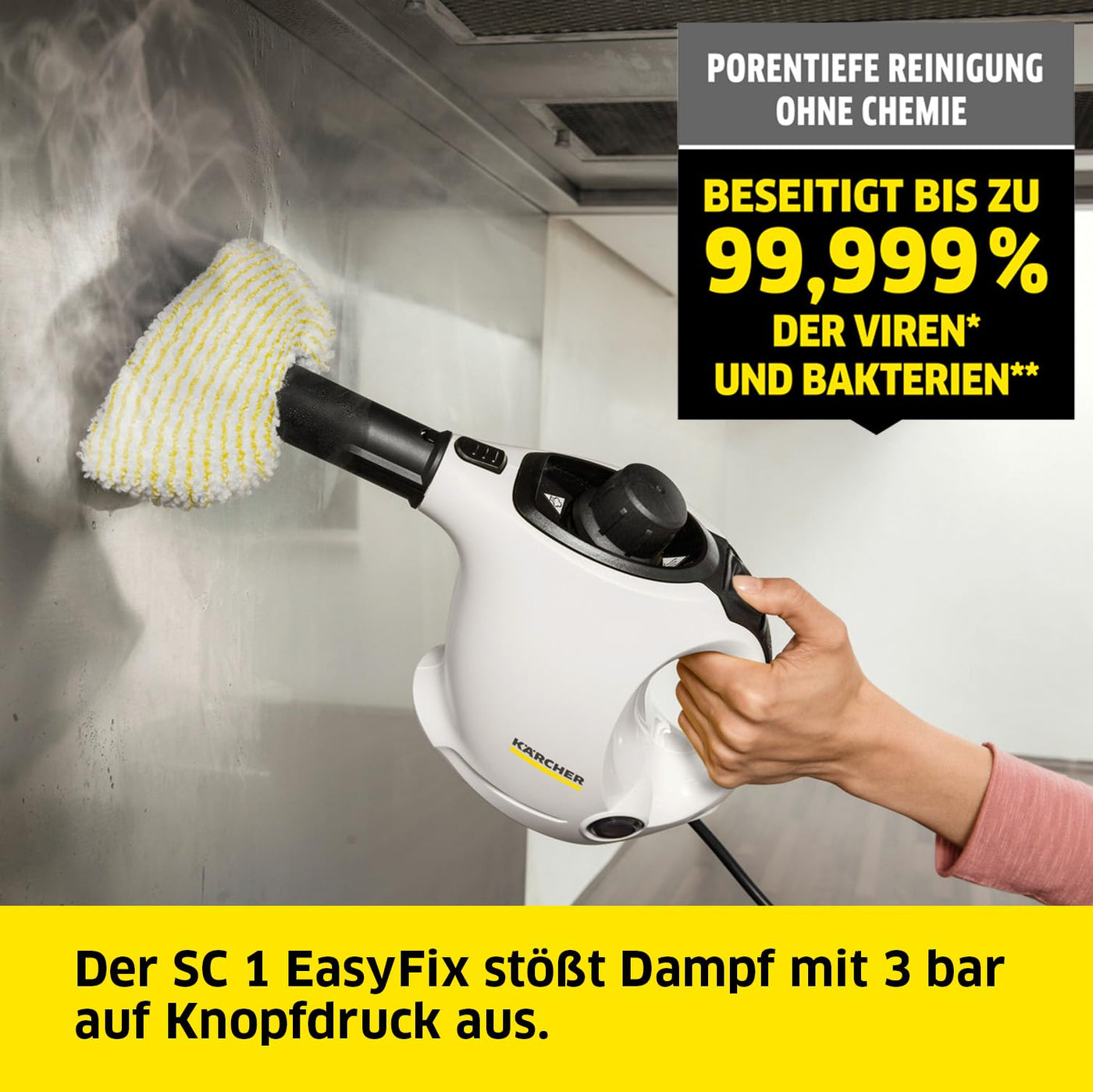 Kärcher Dampfreiniger SC 1 EasyFix, Dampfdruck: 3 bar, Aufheizzeit: 3 min., Leistung: 1.200 W, Flächenleistung: 20 m², Tank: 200 ml, mit Bodenreinigungsset EasyFix, Düsen und Mikrofaserbezug, Weiss