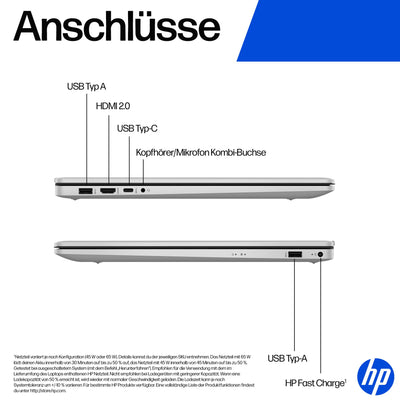 HP Laptop mit 17,3" FHD Display, Intel Core i7-1355U, 16 GB DDR4 RAM, 1 TB SSD, Intel Iris Grafik, Windows 11, QWERTZ, Silber inkl. 25 GB Dropbox-Speicher für 12 Monate