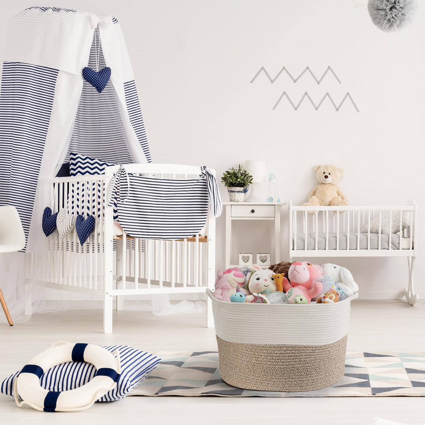 Maliton Aufbewahrungskorb für Wohnzimmer, Wäschekorb Geflochten aus Baumwollseil,Spielzeug Korb mit Griffen,Korb für Kuscheltiere,Wäsche,Decken,Kissen,Kleidung,50x33 cm,Weiß Braun