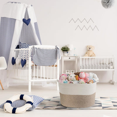 Maliton Aufbewahrungskorb für Wohnzimmer, Wäschekorb Geflochten aus Baumwollseil,Spielzeug Korb mit Griffen,Korb für Kuscheltiere,Wäsche,Decken,Kissen,Kleidung,50x33 cm,Weiß Braun