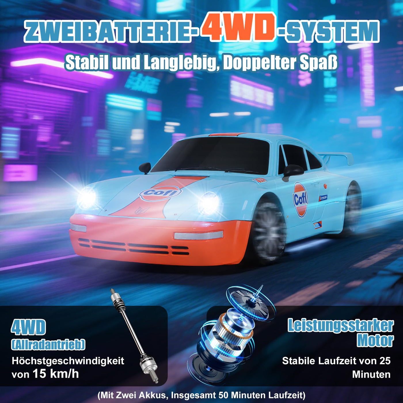 BuzzoXerex 1:20 RC Drift Car, 4WD Drift Auto Ferngesteuert, 15km/h RC Drift Auto, Mini Drift Car mit Unterbodenlicht und Straßensperren, Tabletop Drift RC Car für Kinder ab 8+ Jahre (Blau)
