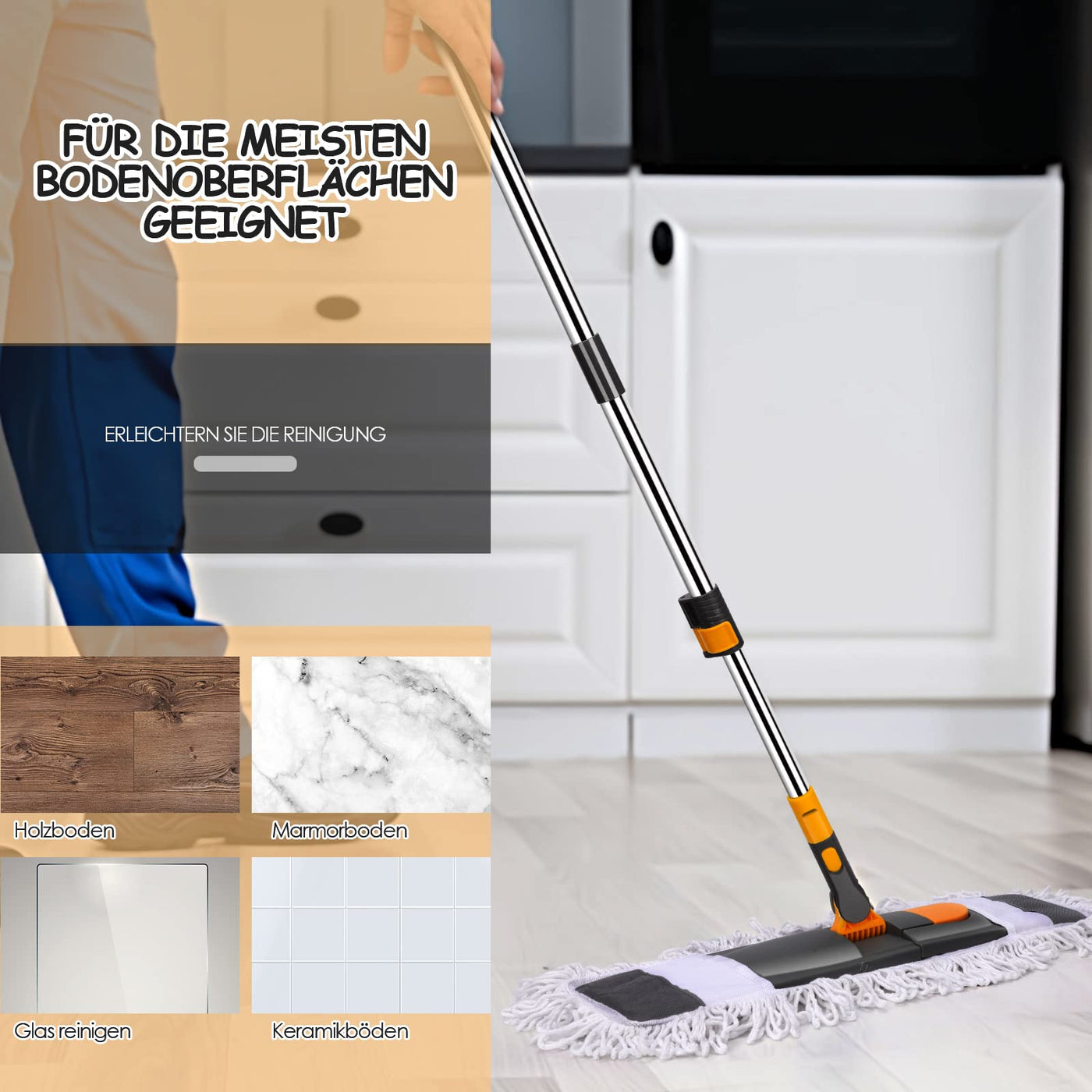 Myiosus Bodenwischer, Wischmopp groß, 60cm Breit wischer Boden, Industrieller Mop mit 126cm Edelstahl Teleskopstiel, 360° drehbarer Flachmopp für Hartholz Fliesen Marmor Laminat (2 Mikrofaser Pads)