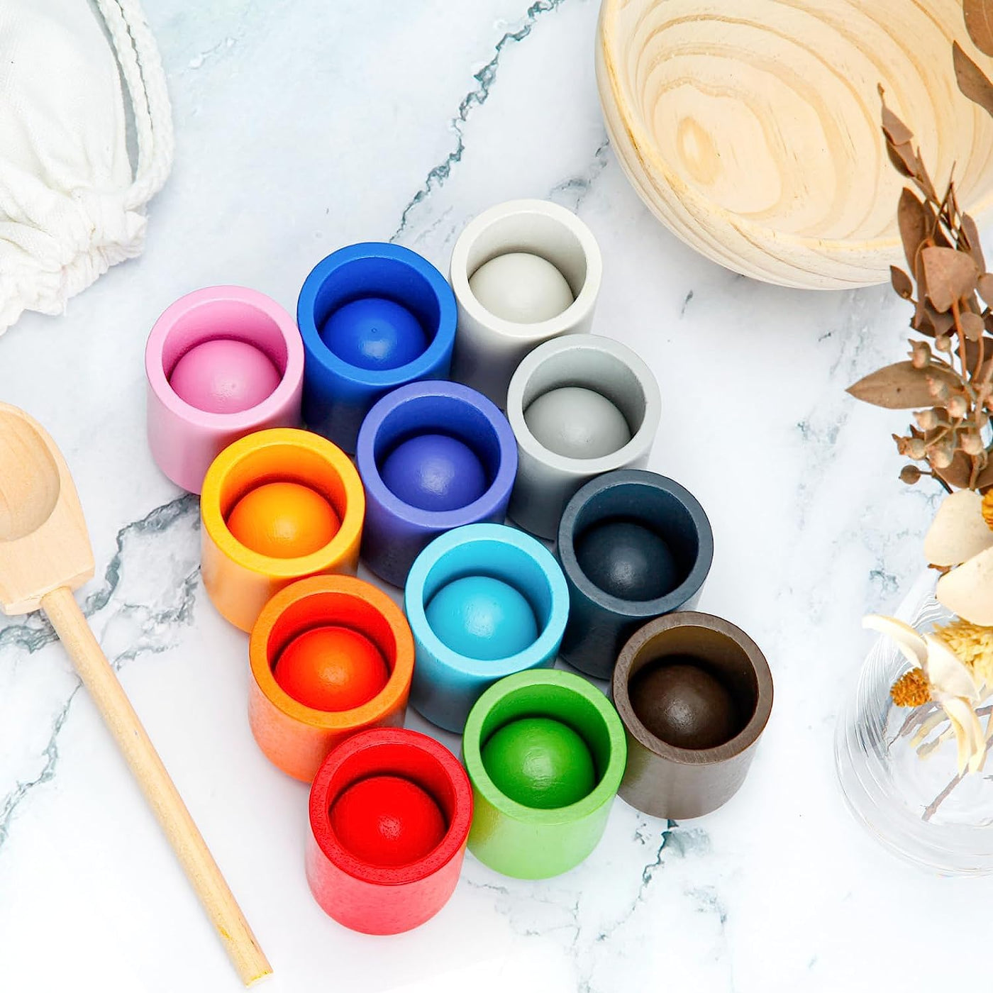Montessori Spielzeug ab 3 Jahr, Holz Sortier Stapelspielzeug, 12 Kugeln 30 mm Regenbogen Holzkugeln in Tassen, Baby Spielzeug für Vorschule für Farbsortierung und Zählen, Geschenk ab 2 3 4 5 Jahr