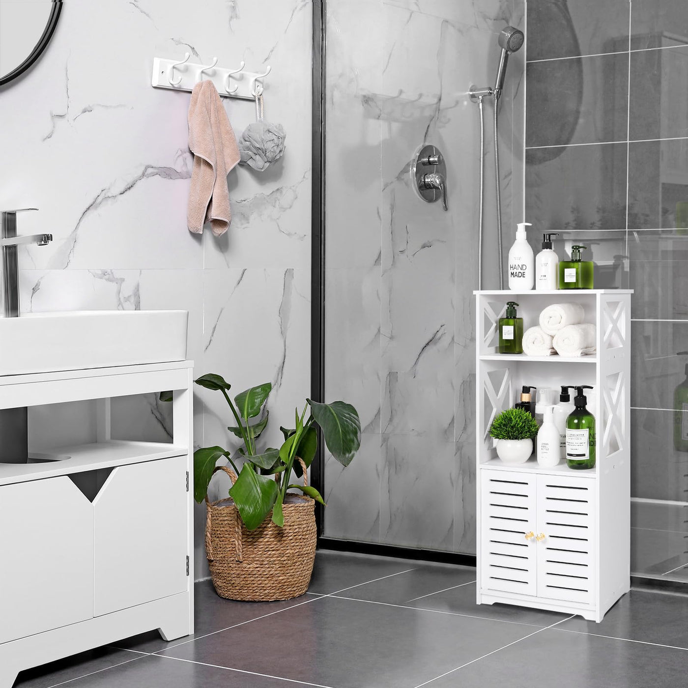 Tiasott Badezimmer-Boden-Aufbewahrungsschrank, Badezimmer-Aufbewahrung, Möbel, Heim-Organizer, Regal, Regal, Regal, wasserdicht, Badezimmerschrank, freistehender Schrank mit Regal, Eckschrank, 30 x 22