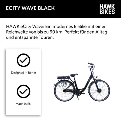 HAWK eCity Wave Black E-Bike Herren & Damen 250W I Stadtrad mit leichtem Aluminiumrahmen I E Bike Herren 28 Zoll mit 7-Fach Nabenschaltung