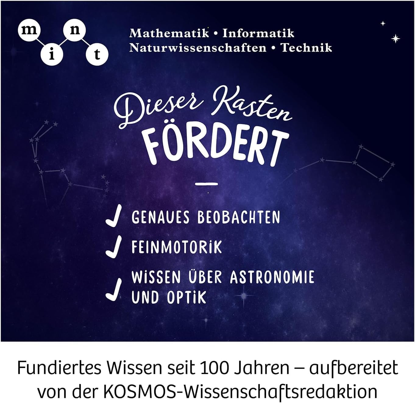 KOSMOS 676889 Entdecker-Teleskop, Starter-Set für Einsteiger und Kinder ab 8 Jahre, 2 Okulare für 20-fache od. 100-fache Vergrößerung, tragbares Reise-Teleskop, Experimentierkasten, Astronomie, Mint