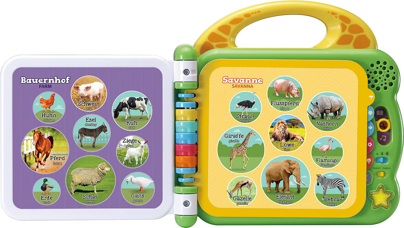 Vtech 80-609544 Baby Mein 100-Wörter-Buch Tiere, Interaktives Bildwörterbuch zum Lernen erster Wörter, Tierbuch mit 12 bilingualen Seiten in Deutsch-Englisch, Für Kinder von 2-5 Jahren