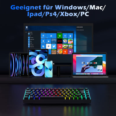 TECURS Gaming Tastatur Kabellos, Mechanische Tastatur RGB QWERTZ (German Layout) mit Rote Schalter für PC Gamer und Arbeits, 65% TKL Gaming Keyboard für PS4 /PS5/Laptop/Xbox One, Schwarz