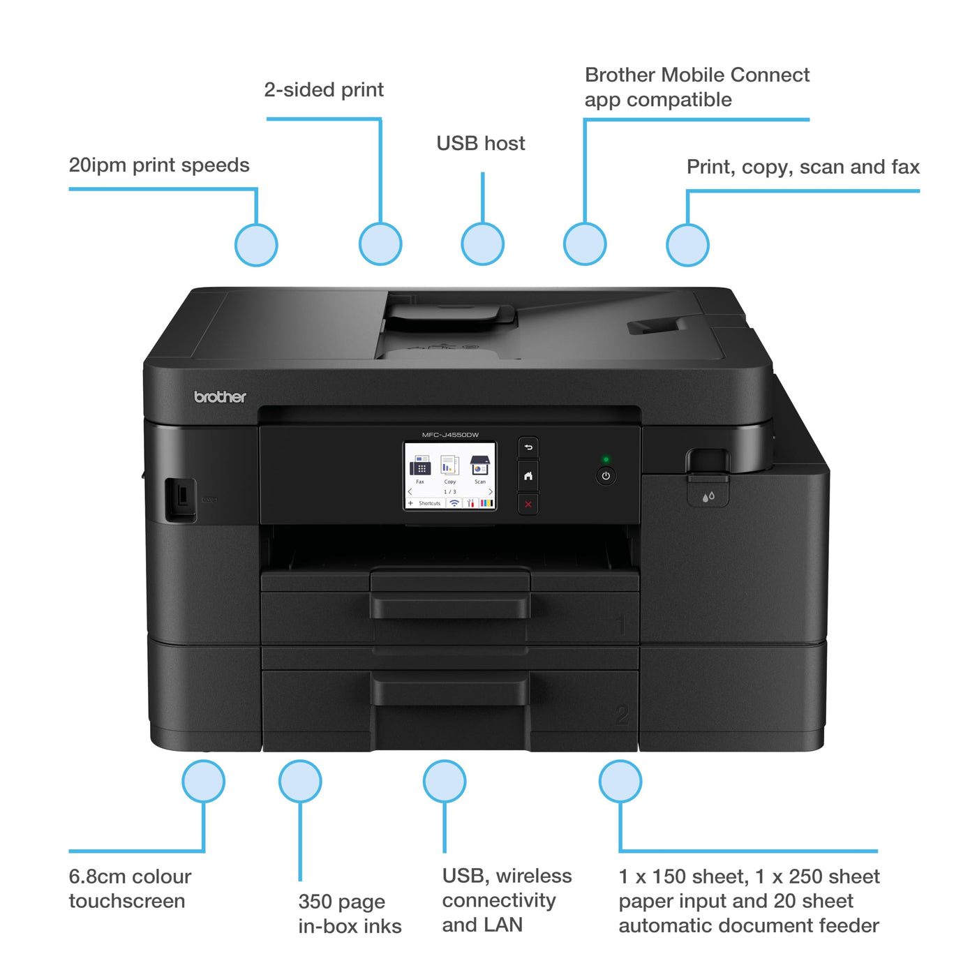 BROTHER MFC-J4550DW A4 Kabelloser Tintenstrahldrucker | All-in-One (Drucken/Kopieren/Scannen) | WLAN/USB 2.0 | A4 | Duplexdruck | Fotos | Inklusiv Tinte | UK-Stecker